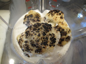 Charred cauliflower about to get puréed with cream