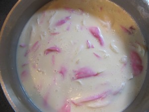Peony petals steeping in yogurt base